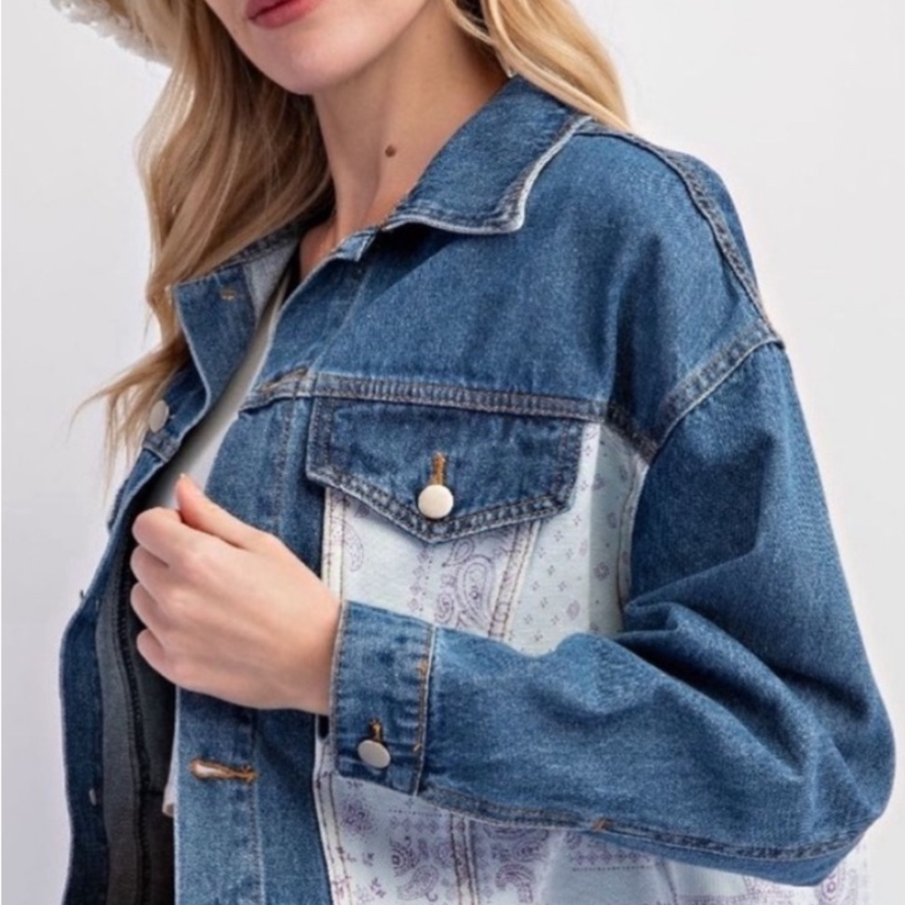 #193 Blue Jean Paisley print cropped mixed classic denim Jacket. - Picture 2 of 5